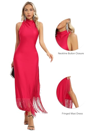 Image of Aigeman Women Vintage Flapper Dresses 1920s Great Gatsby Halter Fringed Maxi Dress Tassels High Split Formal Dress 19