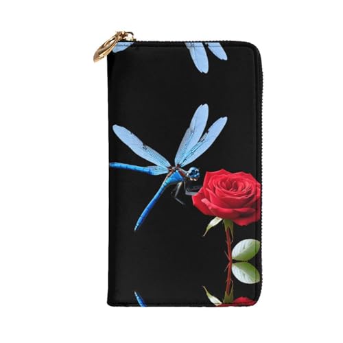Dragonfly kisses rose printing Women's leather long handheld wallet large capacity credit card zipper bag2