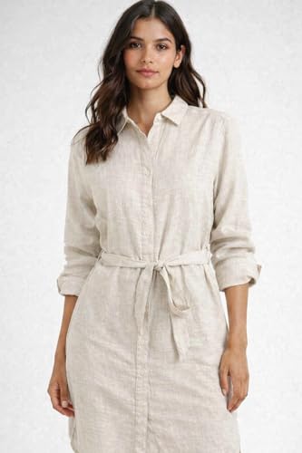 Image of NOBARR Women's Light Grey Linen Blend Shirt Dress with Waist Tie Belt
