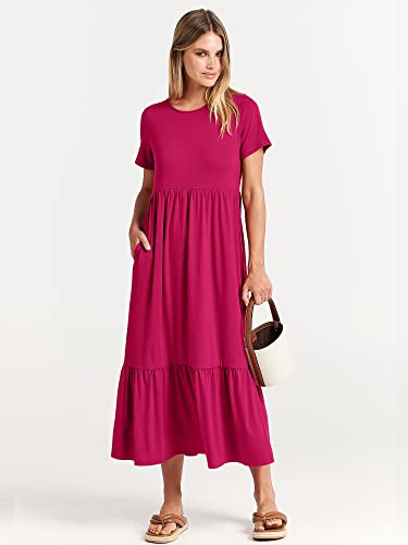 Image of ANRABESS Womens 2026 Summer Casual Maxi Dress A line Tiered Flowy Short Sleeve Crewneck T Shirt Beach Travel Long Dresses