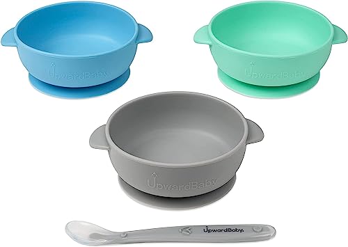 Image of Upward Baby Bowls with Suction - 4 Piece Silicone Set with Spoon for Babies Kids Toddlers - BPA Free Baby Led Weaning Food Plates - First Stage Self Feeding Utensils