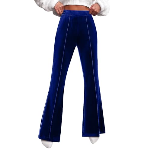 Flare - Pantalones de terciopelo para mujer, cintura alta, pierna ancha, elásticos, cintura elástica, pantalones de vestir, pantalones con costura frontal, azul, M
