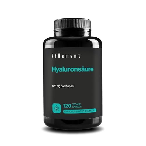 Hyaluronsäure Kapseln, Hochdosiert mit 525mg Hyaluron 500-700 kDa, 120 vegane Kapseln (Kapseln für 4 Monate) | ohne Zusätze | Zenement