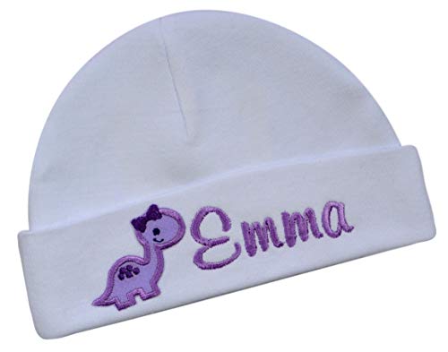 Funny Girl Designs Embroidered Baby Girls Hat Personalized Keepsake Custom Infant Hat with Dinosaur (Purple Dinosaur)