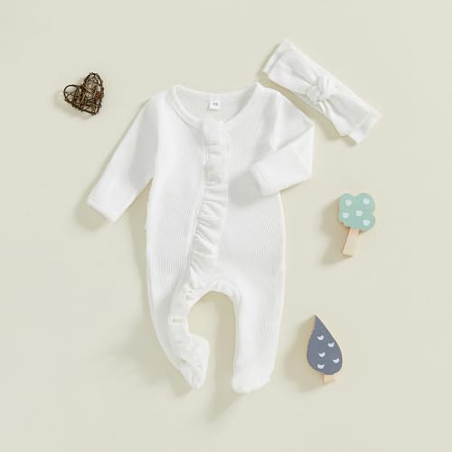Fanvereka Newborn Infant Baby Girl Fall Outfit Romper 3 6 12 Months Girls Long Sleeve Full Length Zipper Footie Headband2