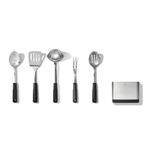 OXO Good Grips Stainless Steel Prep & Serve Kitchen Tool 6 Piece Set | Set Includes 5 Stainless Steel Kitchen Utensils & Utensil Holder, Kitchen-to-Table Design, Ideal for Prepping and Hosting - image 1