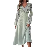 Long Sleeve Summer Dresses for Women Elegant Classy Vestidos De Verano para Mujer 2025 Largos Spring Fall Fashion Boho Floral A Line Flowy Maxi Dress Fancy Casual Modest Western Outfit Light Green,M