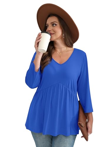 Image of OFEEFAN 3 /4 Length Sleeve Womens Tops 2026 Blouses for Women Dressy Casual Fashion Clothing V Neck Babydoll Tops Fall Outfits