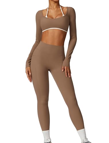 Workout Sets for Women 2 Piece Outfits Seamless High Waist Leggings Yoga Long Sleeve Crop Tops Athletic Gym Sets