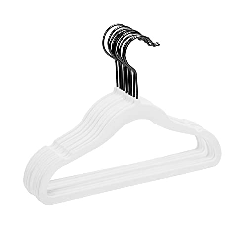 Image of MIZGI Premium Kids Velvet Hangers (Pack of 50) with Black Hooks,Space Saving Ultra Thin,Non Slip Baby Hangers for Children's Skirt Dress Pants,Clothes Hangers (White/Black)