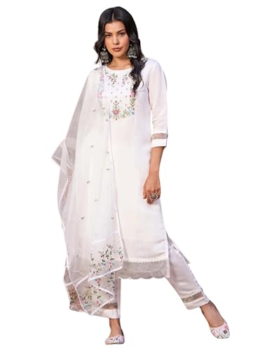 Kurta femme manches 3/4 en soie avec pantalon brodé Chanderi