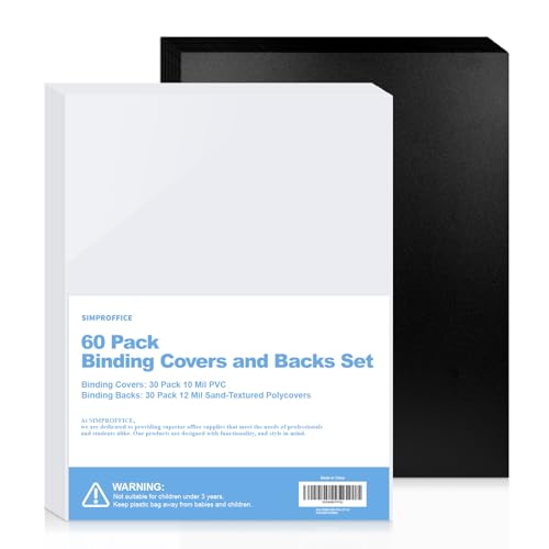 SIMPROFFICE 60 Pack Binding Covers and Backs Set 8.5 x 11 Inches 30P Clear PVC Covers (10 Mil) 30P Black Sand-Textured Polycovers (12 Mil) Presentation Covers for Binding Letter Size