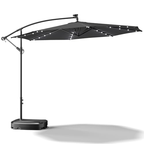 XEMQENER Garden Parasol with Solar Powered Lights, 3M Cantilever Parasol with 60L Base Included, Large Outdoor Banana Parasols for Party, Camping, Patio, Poolside, UPF 50+, 300x300x260 cm, Light Grey