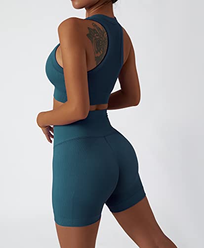 Image of Workout Sets for Women 2 Piece Seamless Ribbed Tank Top Sport Bra High Waist Biker Shorts GYM Yoga Exercise Outfits