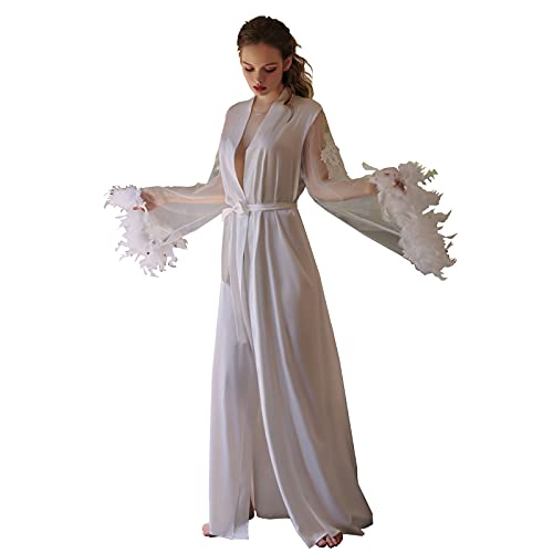 ASHER FASHION Women Robe Stitching Mesh Spa Bathrobes Loose Kimono Embroidery Feather Cuffs ?Hotel Long Loungewear (White,Large)