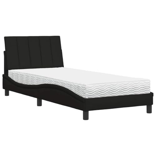 Mhdvray Lit avec Matelas Hanko 90x200 cm Noir en Tissu avec Sommier à Lattes et Coussin de Tête de Lit Rembourré, Ensemble de Literie Complet pour Chambre à Coucher et Studio