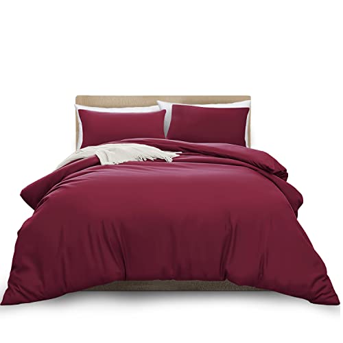 MOONLIGHT20015 Double Duvet Cover - Burgundy Solid Soft Double Bedding Duvet Cover Set with 2 Matching Pillowcases