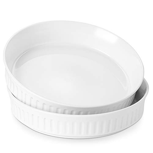 DOWAN Quiche Pan Set of 2 - 8 Inches Ceramic Pie Pan for Baking, Porcelain Tart Pan Deep Dish for Pie, Pizza, Crustless Quiche, Chicken Pot, Round Pasta Serving Bowl Microwave Safe, White