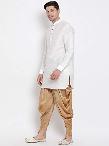 Image of Mother VM Mens Silk Blend Kurta And Dhoti Set - Classic Ethnic Attire| Curved Shape Pathani Style Men's Mid Length Full Sleeves Mandarin Collar Kurta With Cowl Style Patiala Dhoti Pant Set