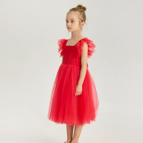 Image of Tutu.kk Toddler Girls Vintage Party Dress Ruffled Sleeve A-Line Tulle Flower Girl Dresses for Wedding,Birthday