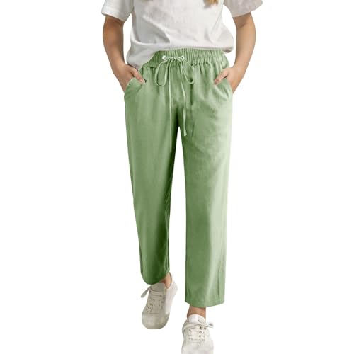 Kids Lightweight Linen Dress Pants Elastic High Waisted Loose Straight Leg Golf Pants with Pockets for 4-14 Years