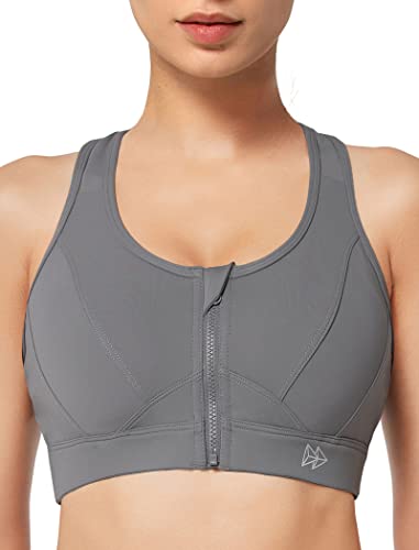 Yvette Zip Front Sports Bra - High Impact Sports Bras For Women Plus Size Workout Fitness Running,Grey #TOP20