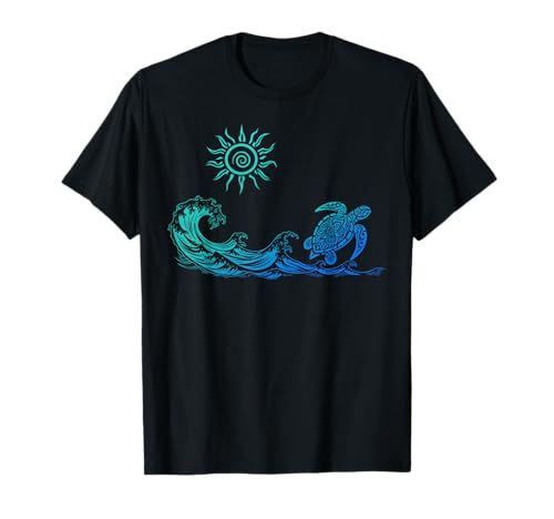 Image of Tropical Ocean Turquoise Blue Tribal Hawaiian Turtle T-Shirt