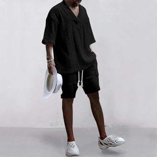 Cute Beach Outfits for Women Men Jacquard Casual Sets Summer Loose Short Sleeve Shorts V Neck Sport Two Piece Outfits4