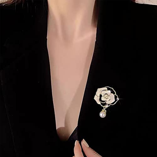 Image of Women Camellia Flower Pearl Enamel Brooch Pins for Ladies Jewelry Fashion