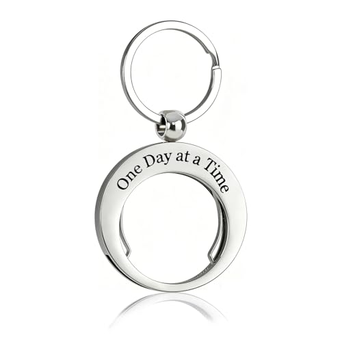 Value Valor Vow AA Coin Holder Keychain - One Day At A Time Stainless Steels Sobriety Chip Keychain Holder Double Sided Display Fits AA Recovery Medallion Inspirational Sobriety Gifts for Women & Men