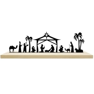 HINGTAI Juego de belén navideño de Metal Negro con Base de Madera, decoración de belén de Invierno, Juego de belén navideño para Interiores, decoración de Mesa y estantes para el hogar Durante