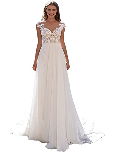Beyonddress Damen Chiffon Brautkleider Spitze Appliques Lang Hochzeitskleid Boho Brautmode...