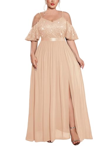 MISSMAY Women's Plus Size Sequins Lace Off Shoulder Short Sleeves Slit Formal Wedding Guest Chiffon Long Dress