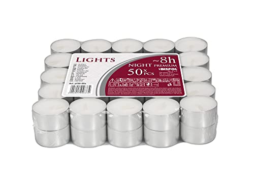 8 Hour Tea Lights Flat Pack of 50. European Quality. White unscented.