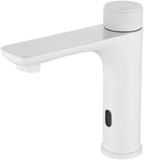 Smart Brushed Gold Brass Bathroom Sink Faucet Touchless Sensor Basin Faucet Hot Cold Water Mixer Tap Battery Power Single Hole(White)