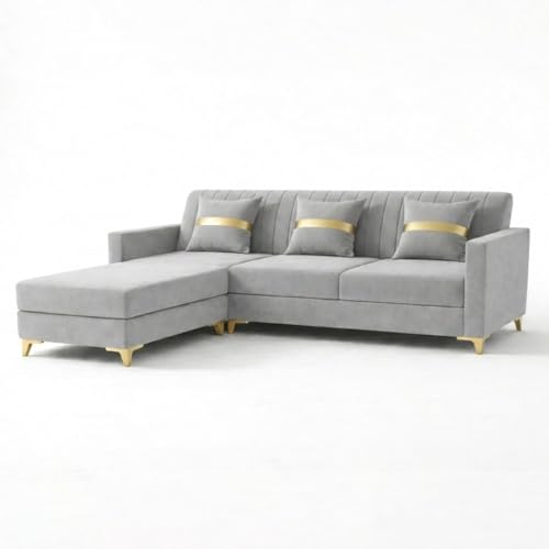 Image of CASASTYLE Groovy 4 Seater L Shape Sofa Set with Movable Ottoman | Flexible Left or Right Layout | Cozy Velvet Fabric | Soft Touch Seating | Modern Designer Sofa for Living Room (Light Grey)