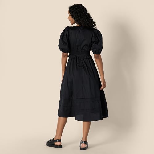 Image of Amazon Essentials Women's Regular-Fit Cotton Sateen Puff Sleeve Midi Dress, V-Neck