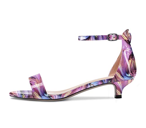 Aachcol Damen Sandalen Peep Open Zehenkappe Kitten Niedrige Absatz Heel Knöchelriemen Dress Schuhe Violett Mehrfarbig 3.5 CM 41 EU