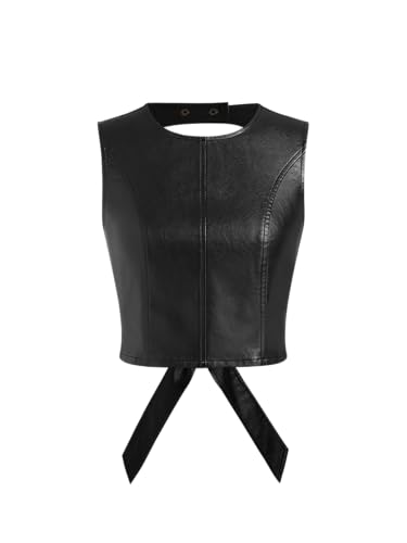 CIDER Shirts for Women Faux Leather Crew Neck Knotted Backless Sleeveless Crop Top Vest Solid Lined