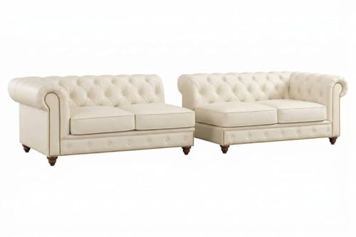 Image of Classic Leatherette Chester Sofa Set Button Tufted, Classic Style Sofa Set 3-Person Sofa for Living Room, Office, and Hallway Colour (Off-White Leatherette, 4 Seater Sofa)