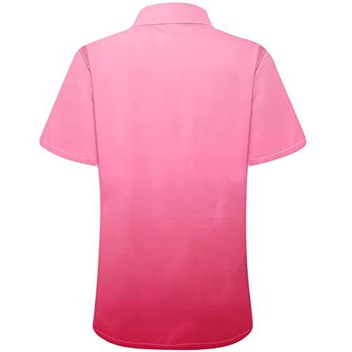 Button Up Shirts Women Short Sleeve Trendy Gradient Color Plus Size Collared Tops Summer Casual Hawaiian Blouse (X-Large, Hot Pink) #TOP4