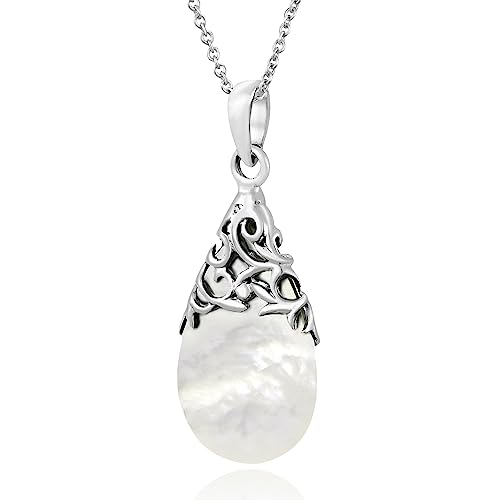 AeraVida Vintage Floral Vine Adorned Teardrop Mother of Pearl Shell .925 Sterling Silver Pendant Statement Necklace | Classic Necklace Jewelry for Women | Jewelry Gift - Image 4