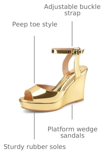 Image of Women's Platform Wedge Sandals Round Peep Open Toe Ankle Strap Buckle Slingback High Heel Dress Shoes Patent Leather Heels