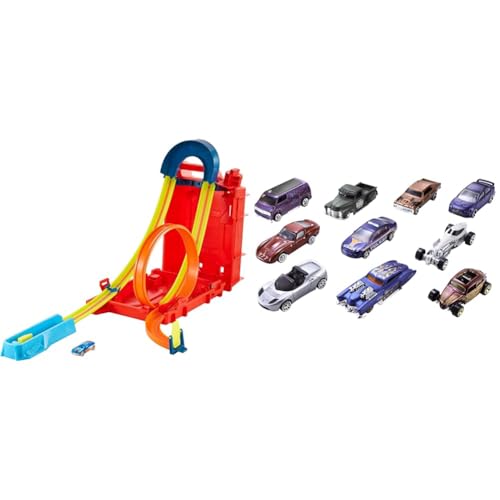 Image of Hot Wheels Track Builder Unlimited Playset Fuel Can Stunt Box, 14 Component Parts & 1:64 Scale Toy Car | Hot Wheels Set of 10 1:64 Scale Toy Trucks and Cars