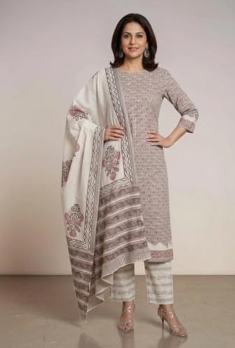 Image of Eddika women unstitched hand block printed cotton suit set with mulmul dupatta ehbpcswmd0120P