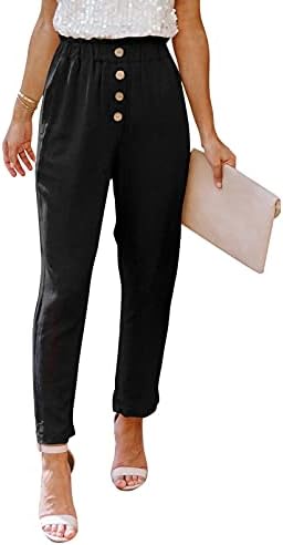 Dokotoo Womens 2021 Summer Comfy Casual Loose Lightweight Button Ruffle Elastic Waist Linen Jogging Jogger Pants Sweatpants for Women with Pockets Black L