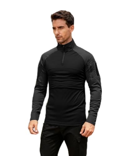 Camisetas táticas masculinas manga longa 1/4 zíper militar combate camisa com bolsos exército paintball airsoft, Preto, M