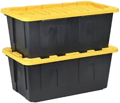 40 Gallon Heavy Duty Storage Tote with Lid, Black and Yellow, reusable, made with heavy-duty recycled plastic