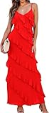 Women Summer Elegant Sling Midi Ruched Bodycon Dress Solid Color Backless Slim Party Cocktail Dresses(Red-S)