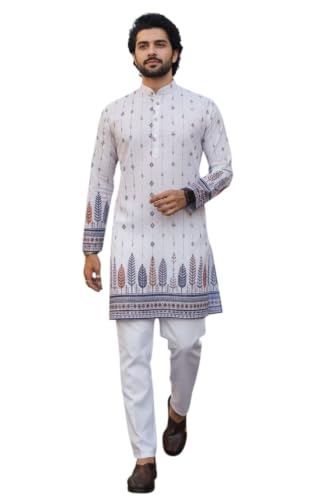 Image of Trustous Men's White Printed Kurta | Stylish Ethnic Wear Kurta for Men | Regular Fit Traditional Kurta | Festive, Wedding, Party & Casual Wear
